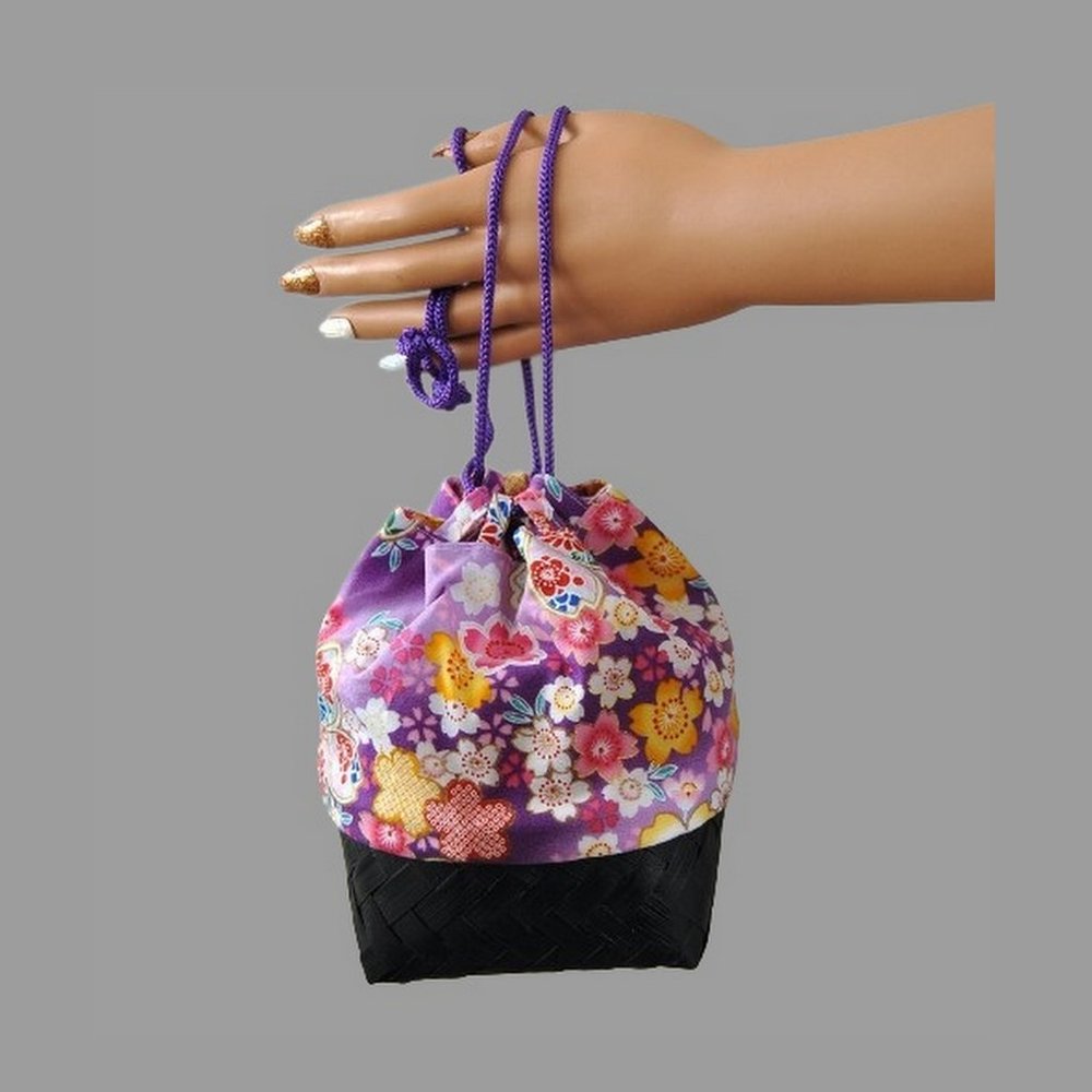 Brand New Japanese Geisha Bucket Bag Kago Half Bamboo and Cherry blossoms